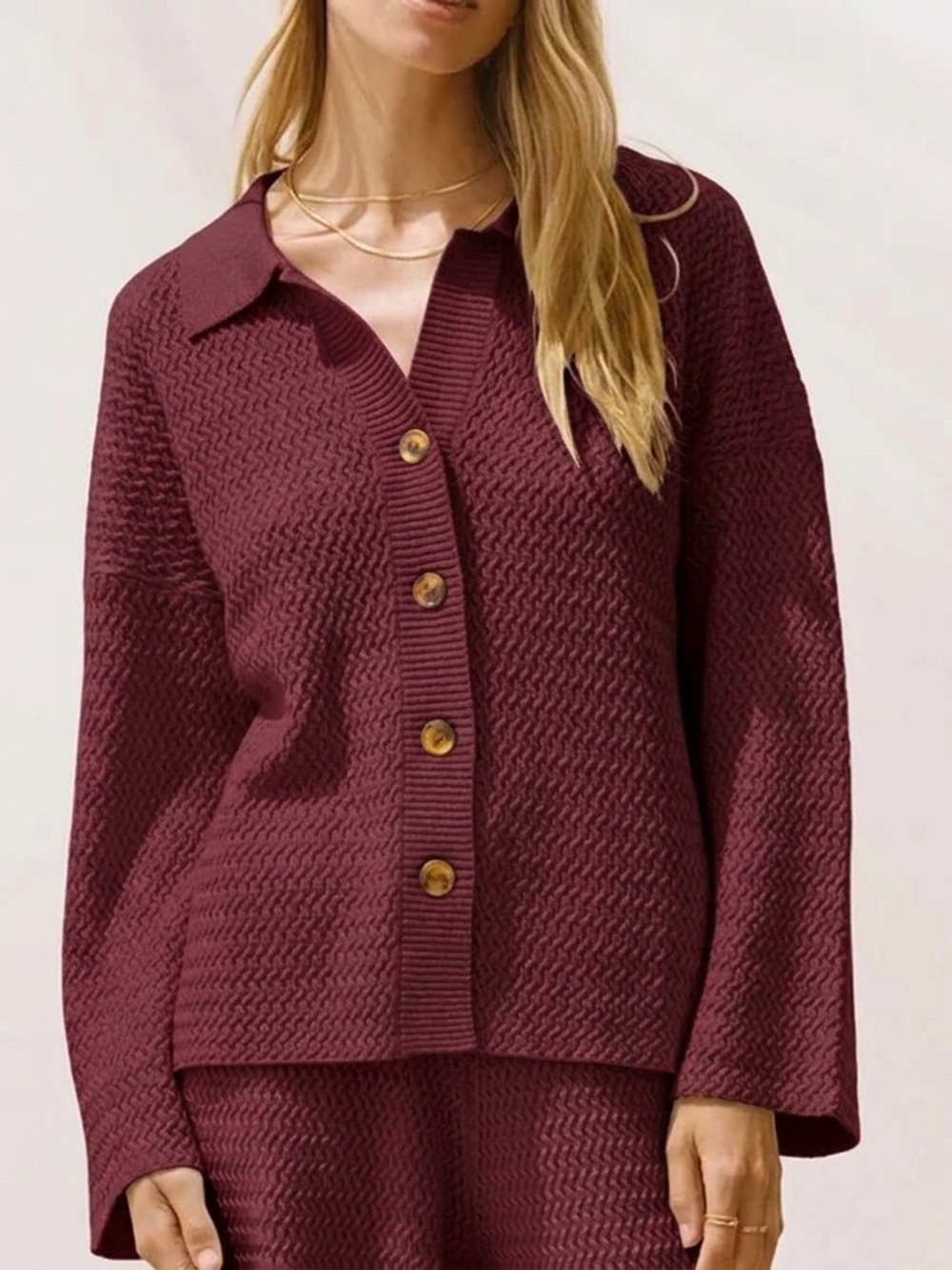 SANCIA Elise Textured Button-Front Sweater in Deep Burgundy (121)